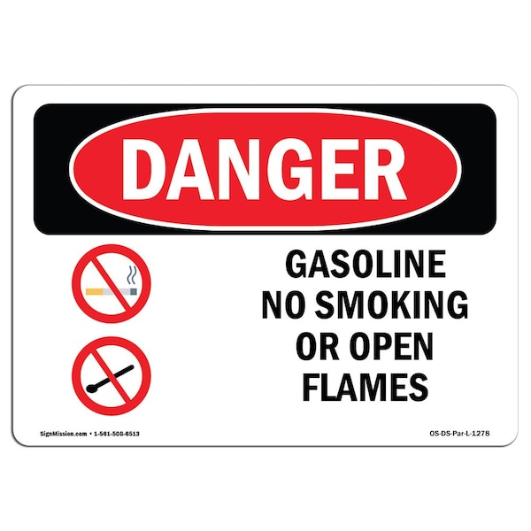 OSHA Sign, Gasoline No Smoking Or Open Flames, 18in X 12in Rigid Plastic, 12" W, 18" L, Landscape